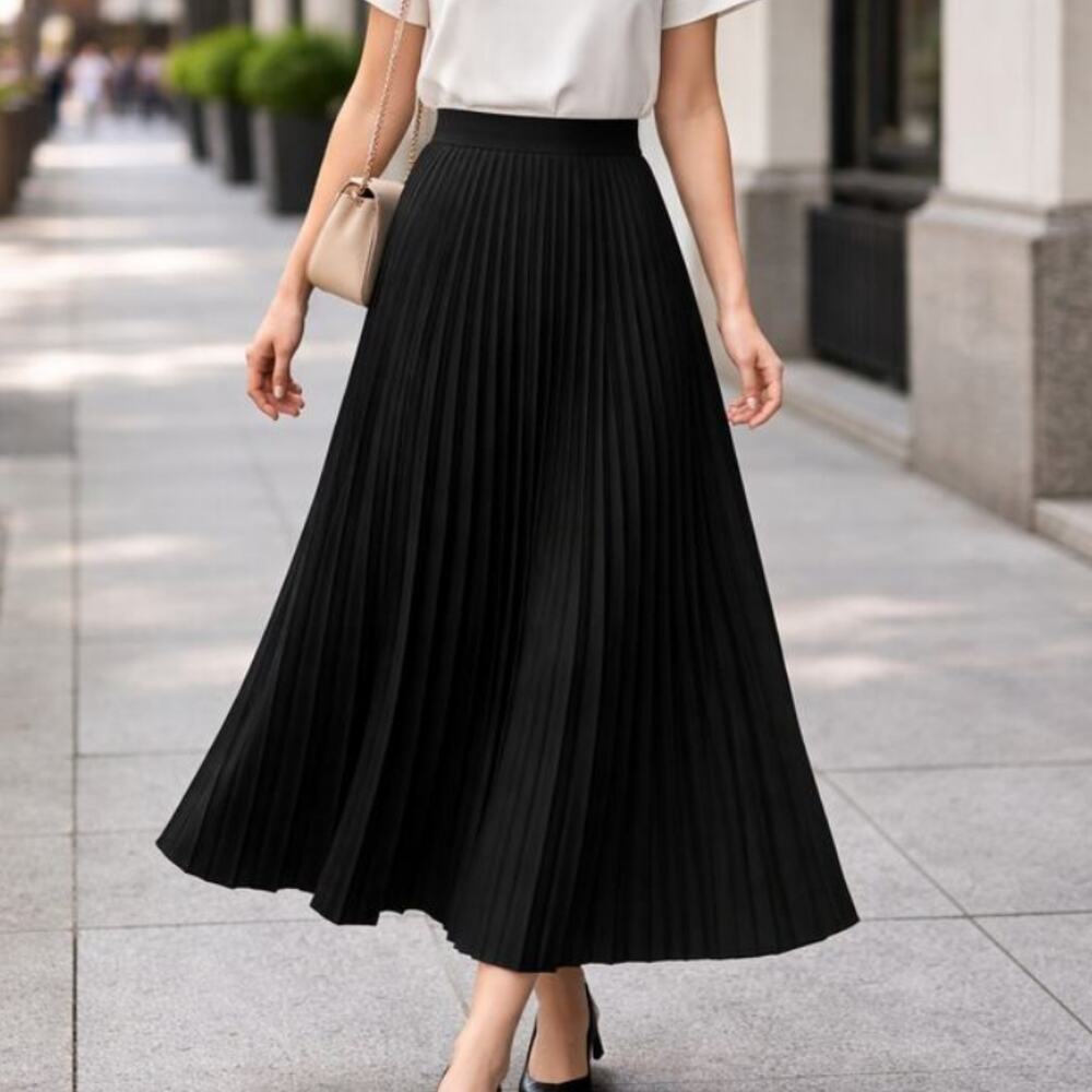 Eileen Fisher NWT Woven Wool Silk Pleated A-Line Midi Maxi Skirt Black Size XS